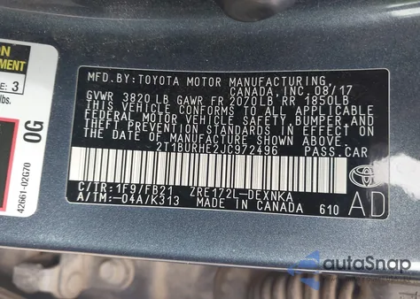 2018 Toyota Corolla Le z USA, uszkodzony, nr VIN 2T1BURHE2JC972496